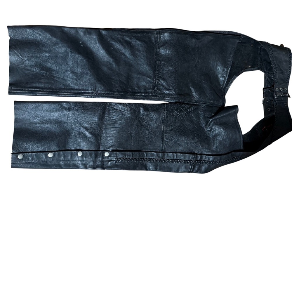 Hot Leathers Mens Black Leather Motorcycle Chaps Braided Trim Biker Gear Size M - Picture 4 of 7